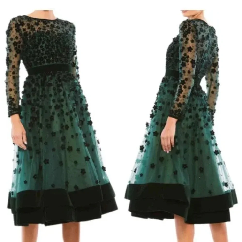 NWT Mac Duggal 67007 Embellished Illusion High Neck Long Sleeve Velvet Dress - Picture 3 of 8